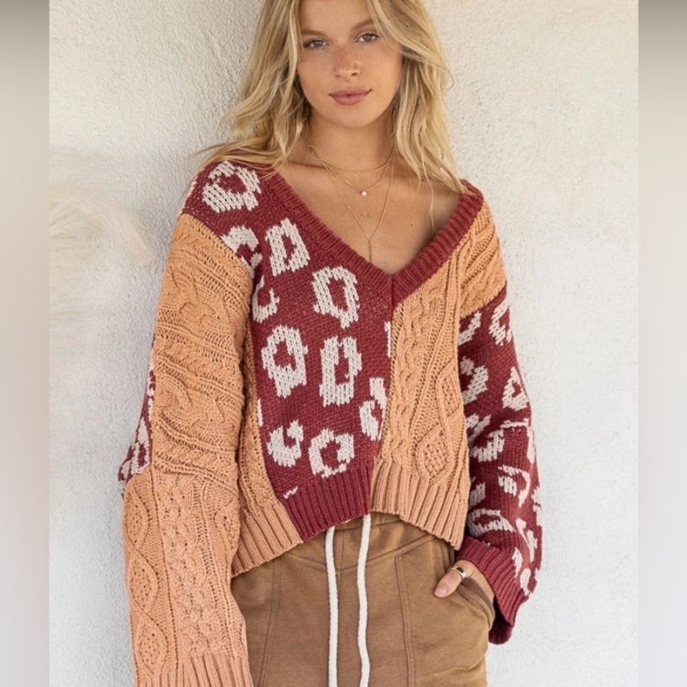 Anthropologie Cropped Oversized Sweater Cable Knit Size Small Mixed Print